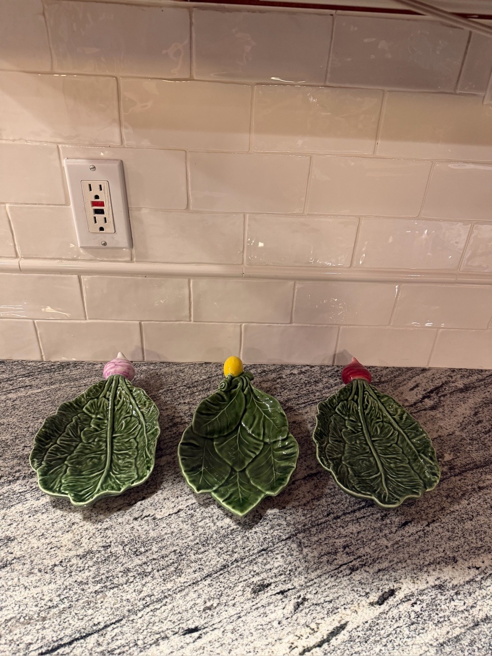 Set of 3 Olfaire Green Leaf Radish Serving Dish Portugal 1980's Majolica 478/1